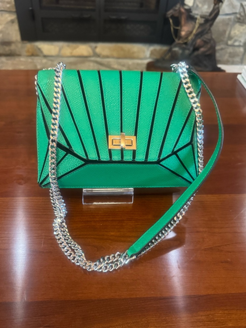Unique Henri Bendel Green Geometric Leather Crossbody Bag with Silver Chain